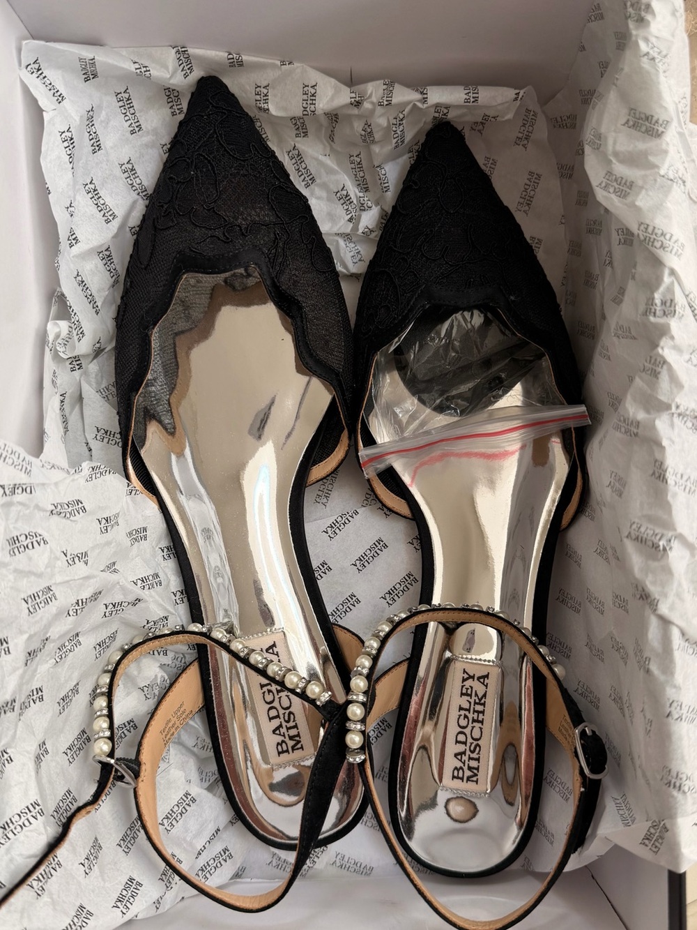 Badgley Mischka Lennon Black Lace Pearl Slingback Heels – Size 8.5
